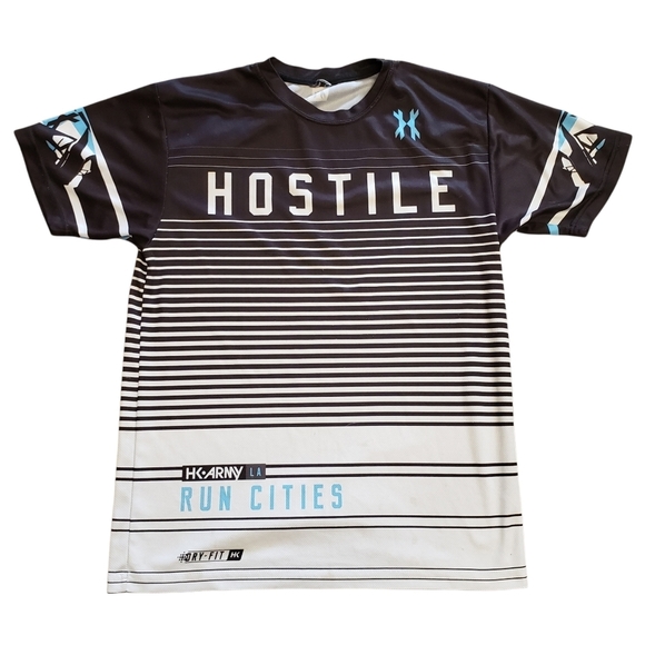HK Army LA Run Cities Hostile Dri Fit Mens S Lined Up Dri Fit Shirt Black White - Picture 1 of 7